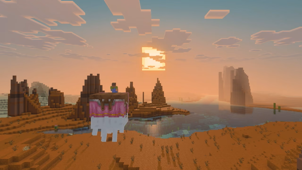 Minecraft'ın Vibrant Visuals özellikli çölde geçen bir sahnesi